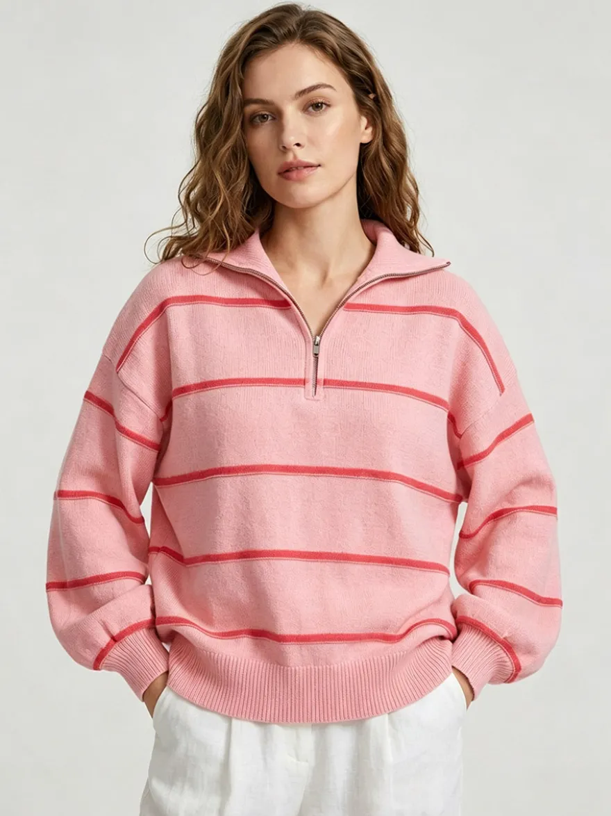 Pull rayé à demi-zip et col en maille manches longues épaules tombantes coupe ample style décontracté pour femme