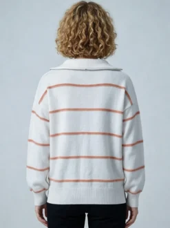 Pull rayé à demi-zip et col en maille manches longues épaules tombantes coupe ample style décontracté pour femme