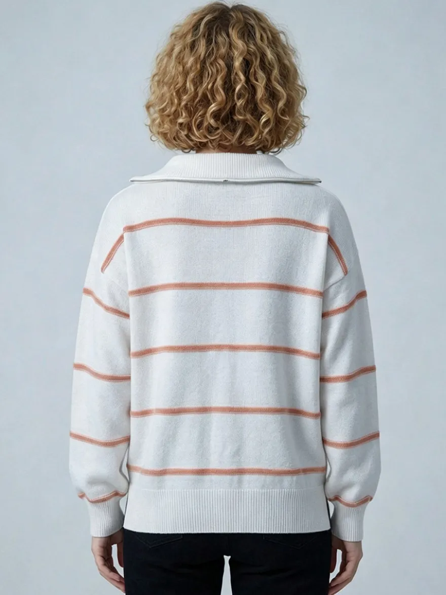 Pull rayé à demi-zip et col en maille manches longues épaules tombantes coupe ample style décontracté pour femme