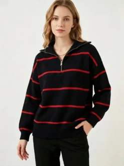 Pull rayé à demi-zip et col en maille manches longues épaules tombantes coupe ample style décontracté pour femme