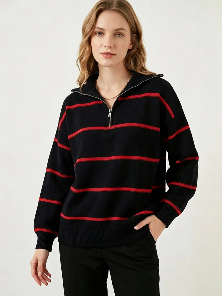 Pull rayé à demi-zip et col en maille manches longues épaules tombantes coupe ample style décontracté pour femme