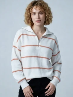 Pull rayé à demi-zip et col en maille manches longues épaules tombantes coupe ample style décontracté pour femme