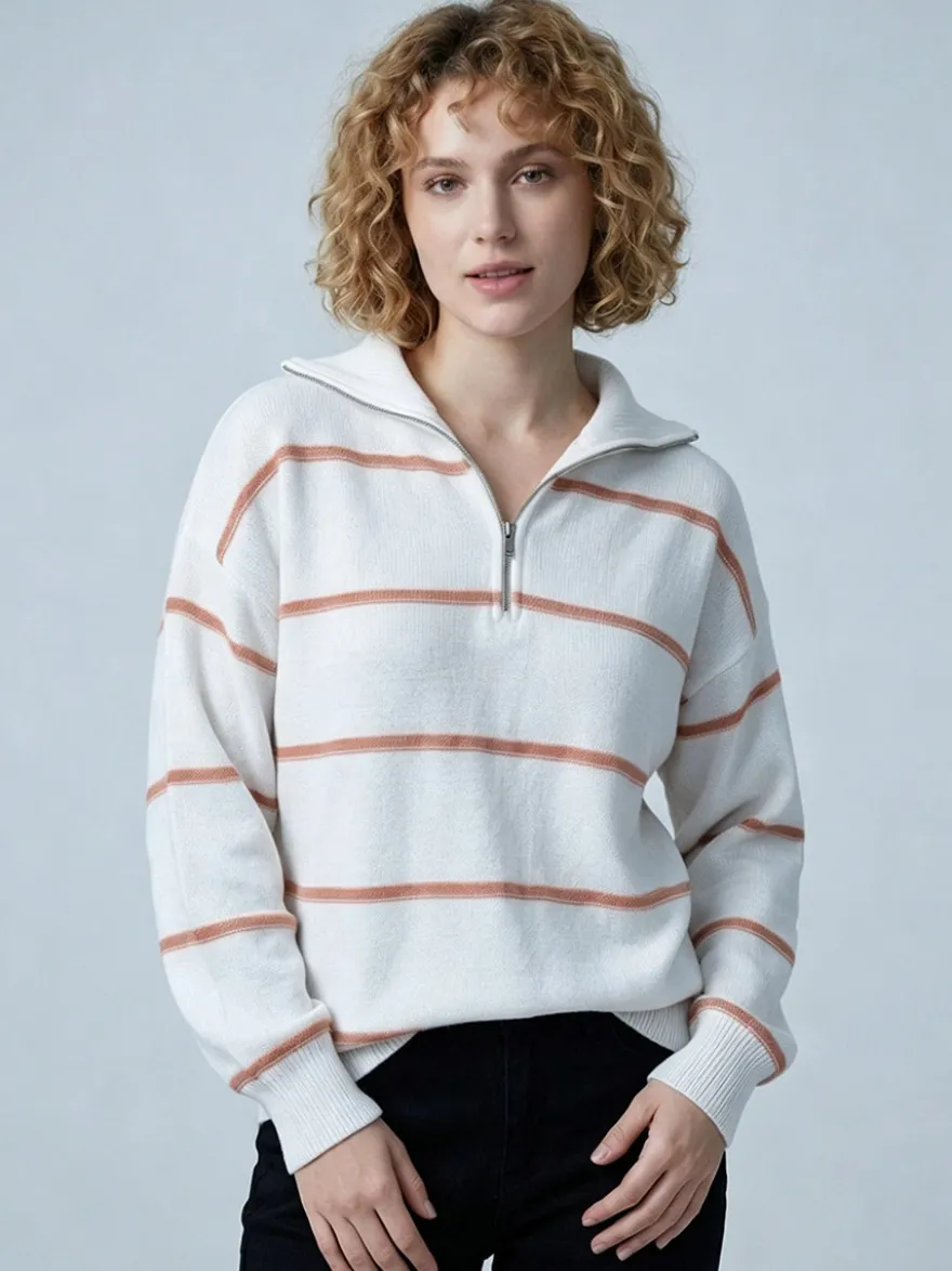 Pull rayé à demi-zip et col en maille manches longues épaules tombantes coupe ample style décontracté pour femme