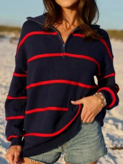 Pull rayé à demi-zip et col en maille manches longues épaules tombantes coupe ample style décontracté pour femme