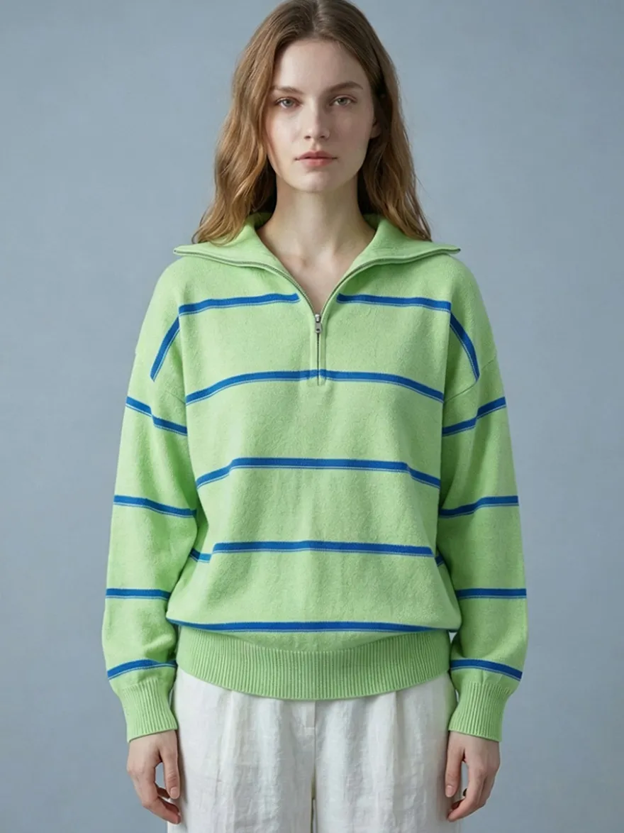 Pull rayé à demi-zip et col en maille manches longues épaules tombantes coupe ample style décontracté pour femme