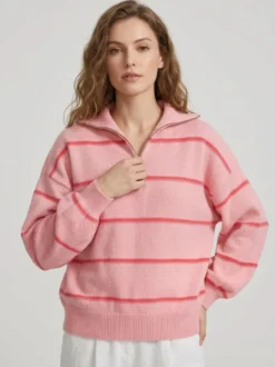 Pull rayé à demi-zip et col en maille manches longues épaules tombantes coupe ample style décontracté pour femme