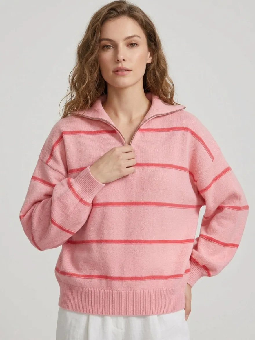 Pull rayé à demi-zip et col en maille manches longues épaules tombantes coupe ample style décontracté pour femme