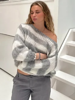 Pull rayé à épaules dénudées en maille coupe ample manches longues style décontracté pour femme haut oversize en maille douce