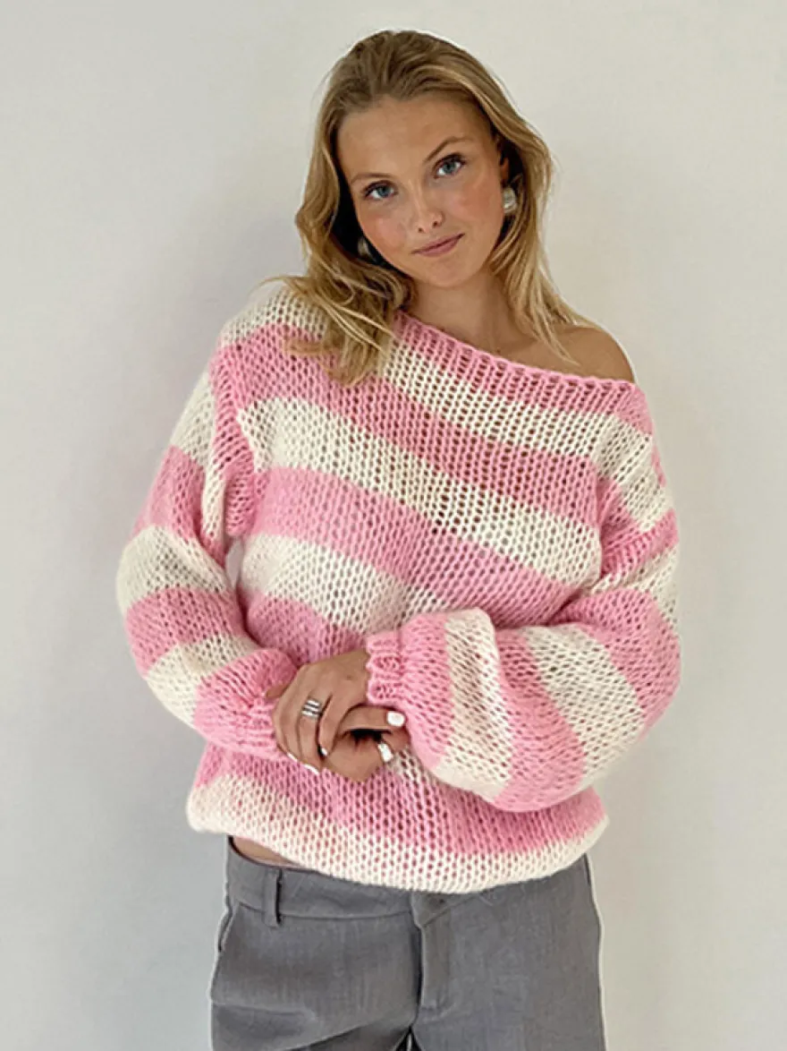 Pull rayé à épaules dénudées en maille coupe ample manches longues style décontracté pour femme haut oversize en maille douce