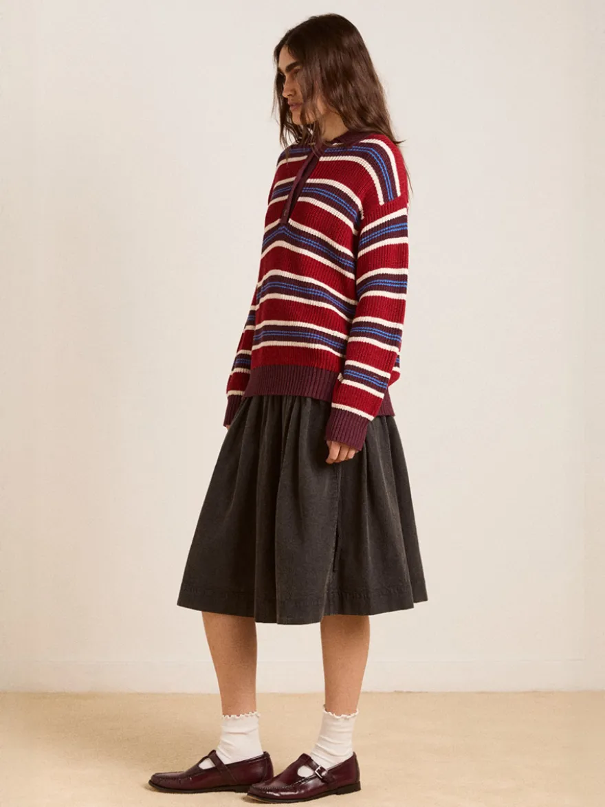 Pull à rayures rétro à col polo pour femme demi-boutonné coupe ample et oversize en maille.
