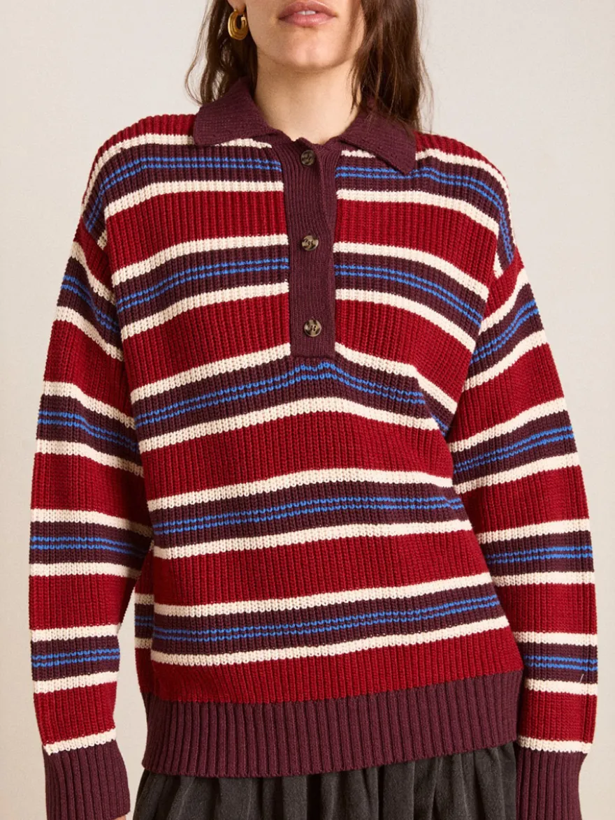 Pull à rayures rétro à col polo pour femme demi-boutonné coupe ample et oversize en maille.