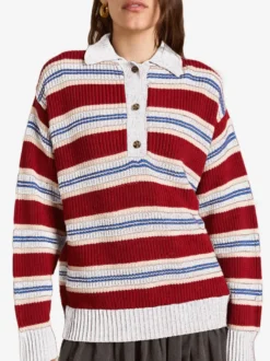 Pull à rayures rétro à col polo pour femme demi-boutonné coupe ample et oversize en maille.