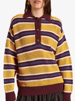 Pull à rayures rétro à col polo pour femme demi-boutonné coupe ample et oversize en maille.