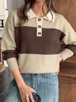 Pull vintage beige café à rayures color block col polo à demi-boutonnage maille ample