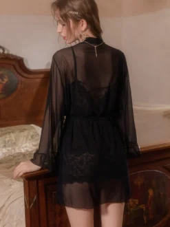Pyjama robe de chambre ceinture violette lingerie d'intérieur superposée robe en mousseline transparente