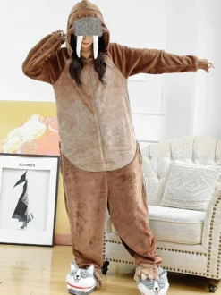 Pyjamas Kigurumi Carnaval Morse Onesie Adulte Café Marron Flanelle Combinaison Costume Carnavals Cosplay Halloween