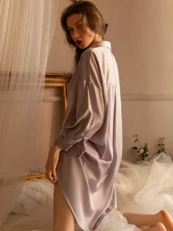 Pyjamas robes de nuit blanches dos nu lingerie rose poudré en satin chemise de nuit