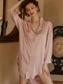 Pyjamas robes de nuit blanches dos nu lingerie rose poudré en satin chemise de nuit