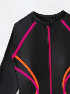 rashguard de surf une pièce à manches longues rayures contrastées dégradées et fermeture éclair sur le devant.