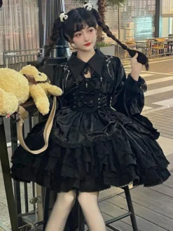 rentrée scolaireRobe gothique Lolita noire sans manches JSK avec nœuds et volants style kawaii