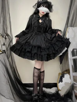 rentrée scolaireRobe gothique Lolita noire sans manches JSK avec nœuds et volants style kawaii
