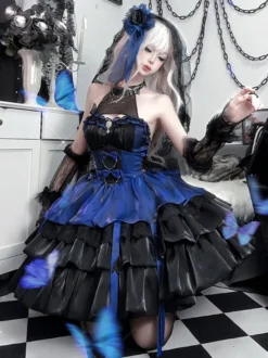 rentrée scolaireRobes gothiques Lolita sans manches à volants robe bouffante superposée bleu noir papillon costumes de cosplay
