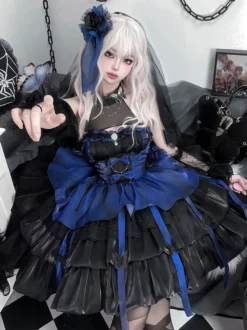 rentrée scolaireRobes gothiques Lolita sans manches à volants robe bouffante superposée bleu noir papillon costumes de cosplay
