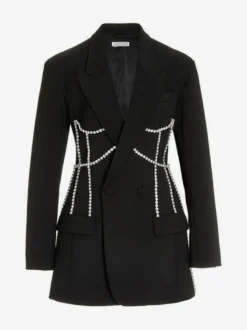 Robe blazer courte pour femme avec revers cranté strass et chaîne découpée