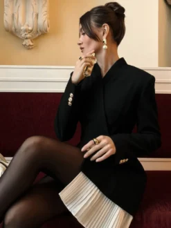 Robe blazer mini à manches longues plissée et patchwork pour femme 2026