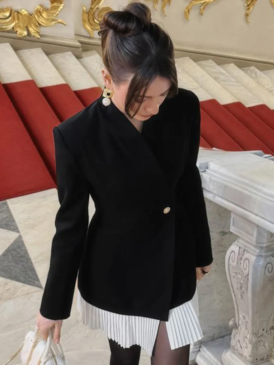 Robe blazer mini à manches longues plissée et patchwork pour femme 2026