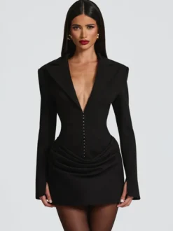 Robe blazer mini moulante à manches longues froncées et revers cranté pour femme 2026