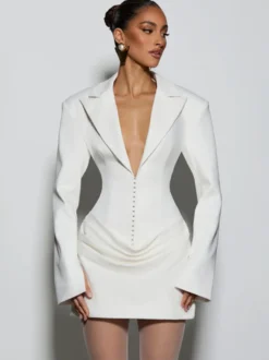 Robe blazer mini moulante à manches longues froncées et revers cranté pour femme 2026