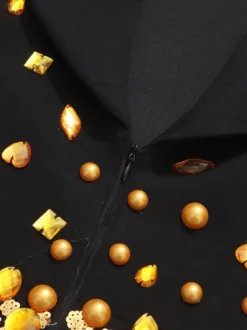Robe blazer à pompons et perles dorées col cranté manches longues mini-robe de soirée
