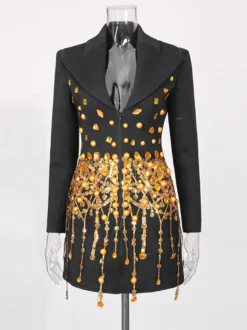 Robe blazer à pompons et perles dorées col cranté manches longues mini-robe de soirée