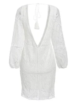Robe bohème en dentelle blanche pour femme - Robe mini dos nu à manches longues et col en V - Tenue de vacances d'été à la plage 2026