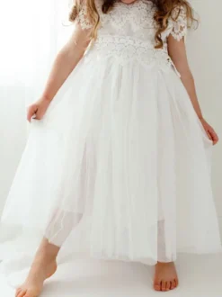 Robe bâpteme fille blanche en dentelle col haut manche courte longueur cheville Robe fille de fleur robe cérémonie fille