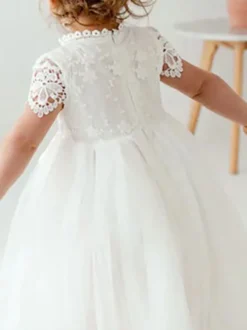 Robe bâpteme fille blanche en dentelle col haut manche courte longueur cheville Robe fille de fleur robe cérémonie fille