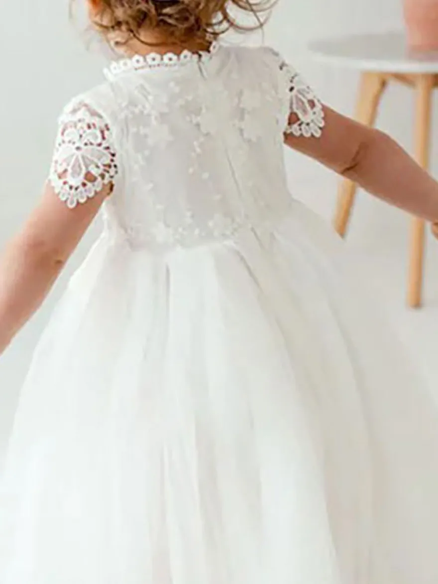 Robe bâpteme fille blanche en dentelle col haut manche courte longueur cheville Robe fille de fleur robe cérémonie fille