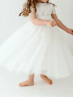 Robe bâpteme fille blanche en dentelle col haut manche courte longueur cheville Robe fille de fleur robe cérémonie fille