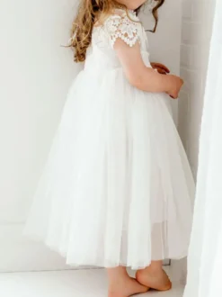 Robe bâpteme fille blanche en dentelle col haut manche courte longueur cheville Robe fille de fleur robe cérémonie fille