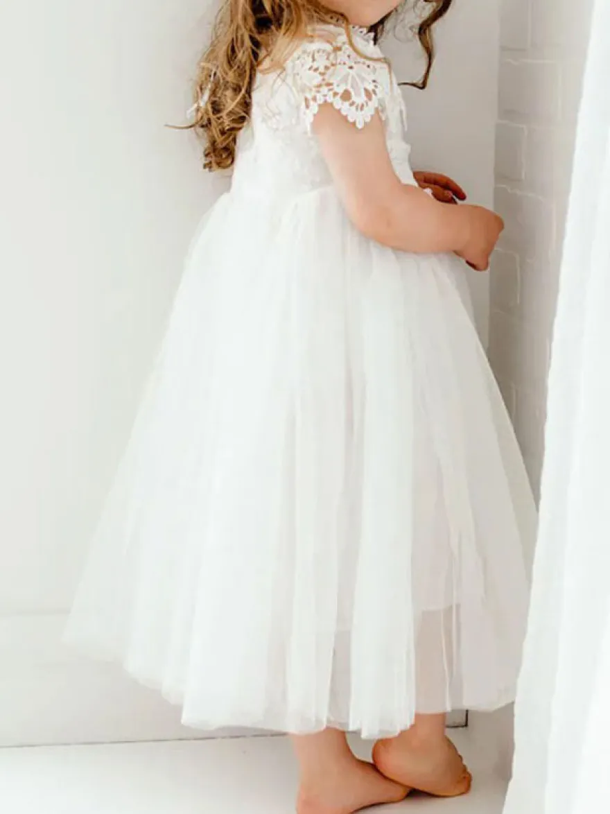 Robe bâpteme fille blanche en dentelle col haut manche courte longueur cheville Robe fille de fleur robe cérémonie fille
