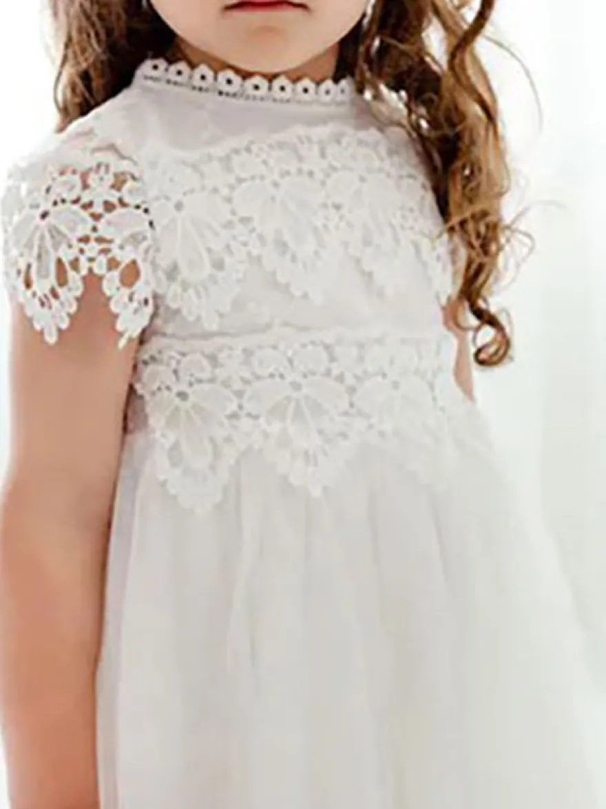 Robe bâpteme fille blanche en dentelle col haut manche courte longueur cheville Robe fille de fleur robe cérémonie fille