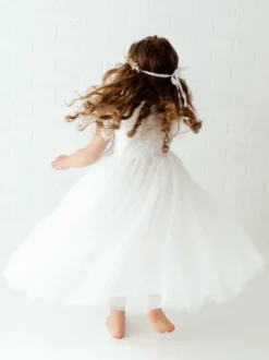 Robe bâpteme fille blanche en dentelle col haut manche courte longueur cheville Robe fille de fleur robe cérémonie fille