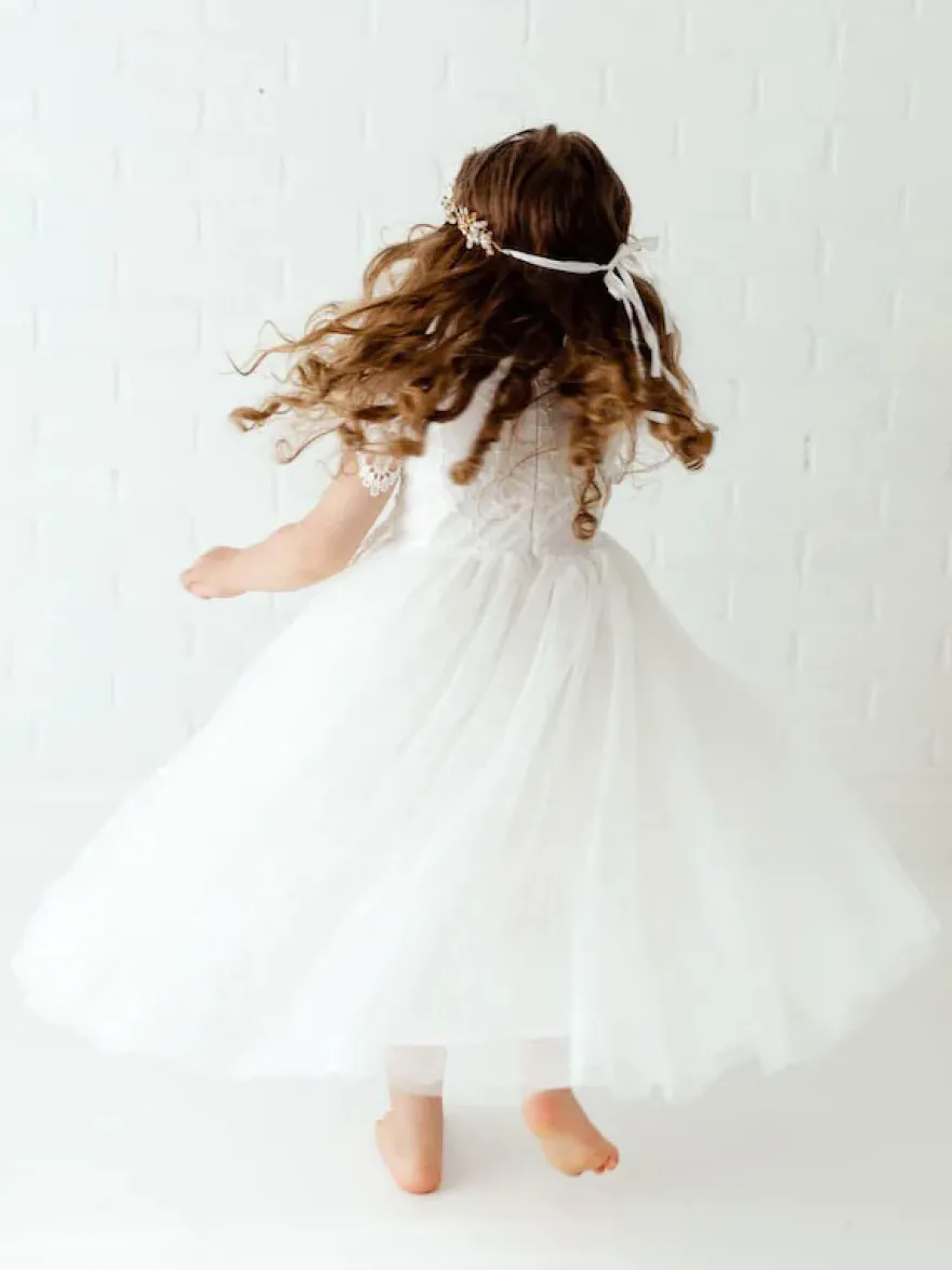 Robe bâpteme fille blanche en dentelle col haut manche courte longueur cheville Robe fille de fleur robe cérémonie fille