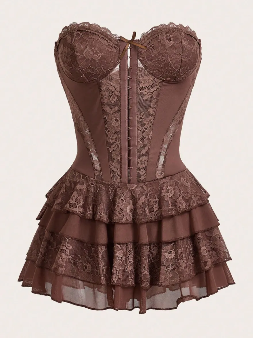 Robe bustier mini sans bretelles en dentelle à volants multiples jupe à volants style gâteau