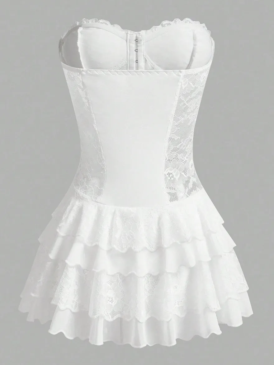 Robe bustier mini sans bretelles en dentelle à volants multiples jupe à volants style gâteau