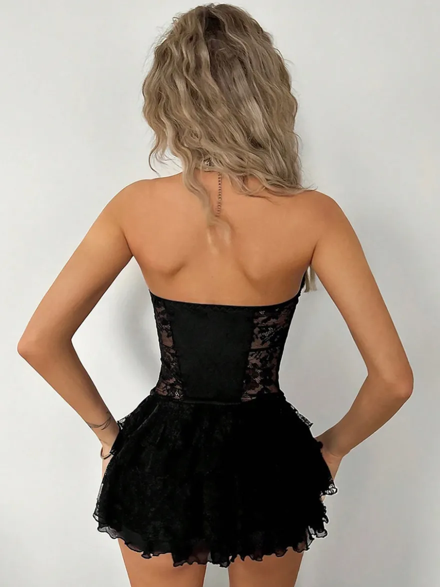 Robe bustier mini sans bretelles en dentelle à volants multiples jupe à volants style gâteau