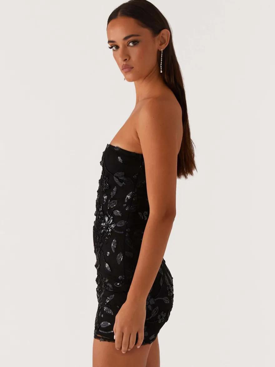 Robe bustier mini à sequins et fleurs pour femme - Robe tube élégante et moulante - Idéale pour une soirée cocktail estivale 2026