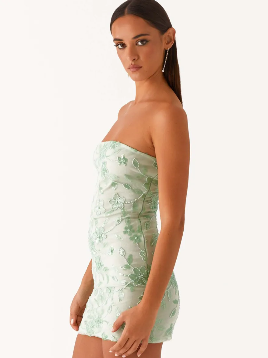 Robe bustier mini à sequins et fleurs pour femme - Robe tube élégante et moulante - Idéale pour une soirée cocktail estivale 2026
