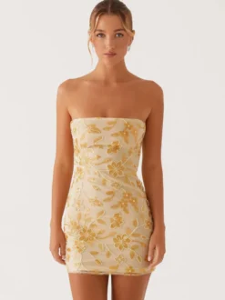 Robe bustier mini à sequins et fleurs pour femme - Robe tube élégante et moulante - Idéale pour une soirée cocktail estivale 2026
